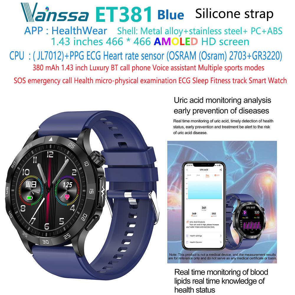 ET381-ECG-blood-Health-smart-watch สายซิลิโคนสีน้ำเงิน-