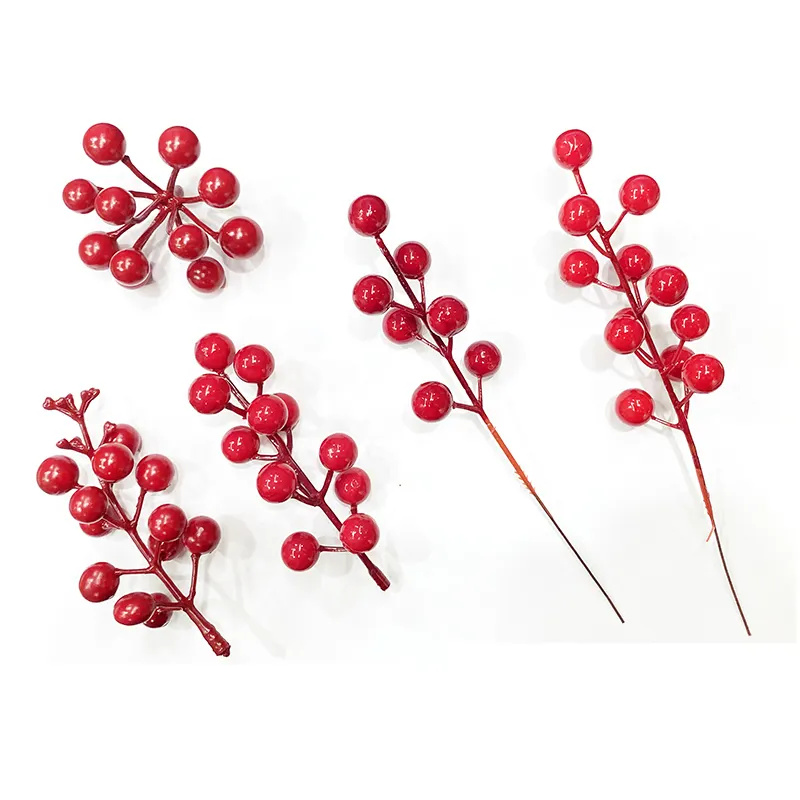 家の装飾植物アクセサリー人工の赤いホリーの木の枝人工の色鮮やかな赤い果物
