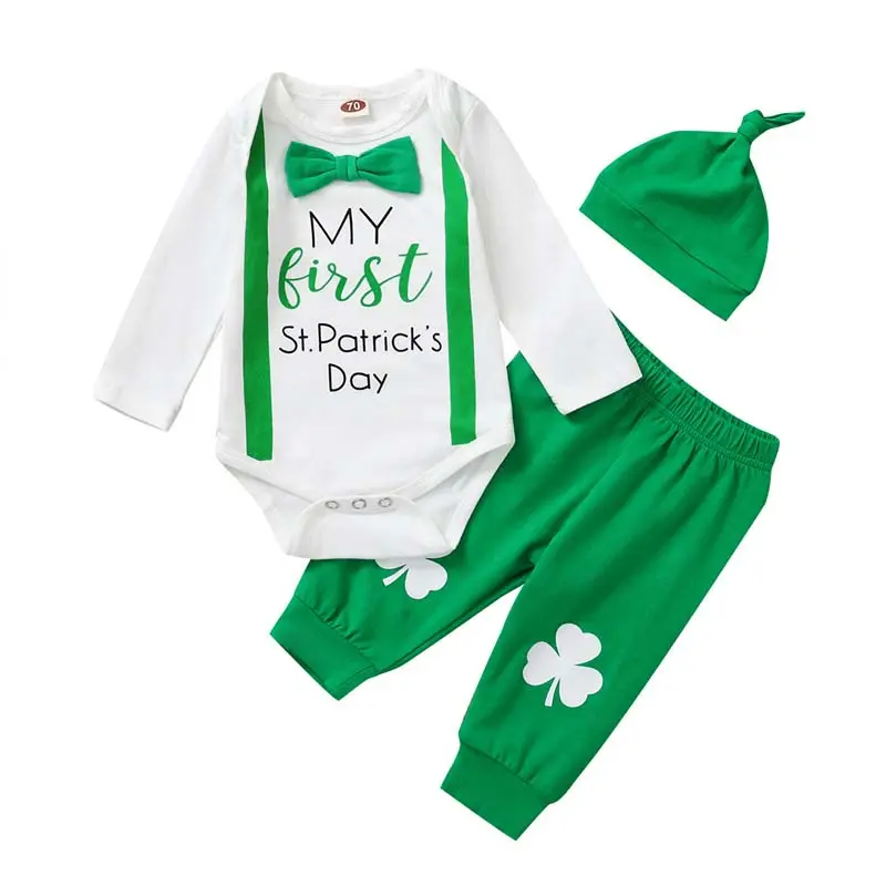 2024 Festival Romper Shamrock Clover Pants Beanie 3PCs Baby Boy St. Patrick's Day Clothes Set