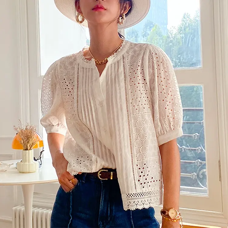Wholesale All over Embroidery Summer Shirt Dropshipping Beach Lady Top Women Puff Short Sleeve Cotton Patchwork Holiday Blouses