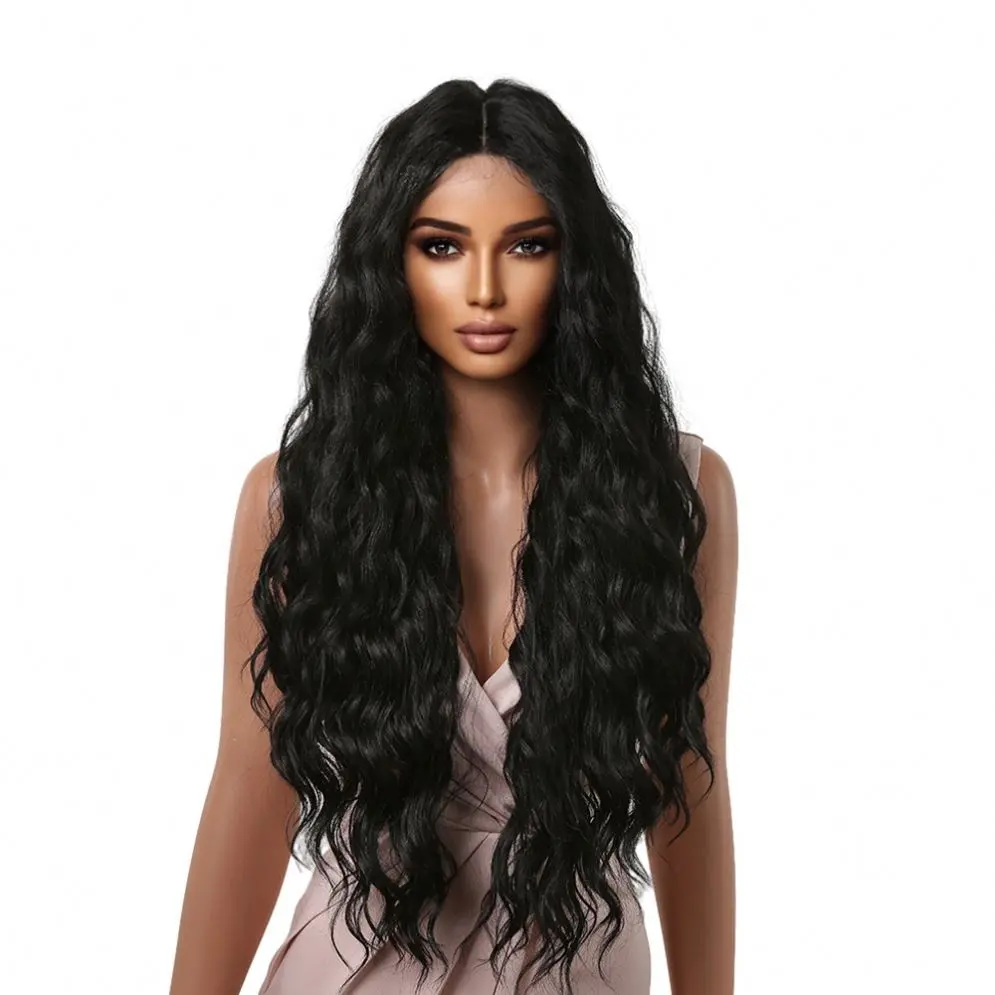 Siyah kadınlar için uzun siyah sentetik peruk orta kısmı uzun derin dalga peruk Cosplay derin dalga peruk isıya dayanıklı