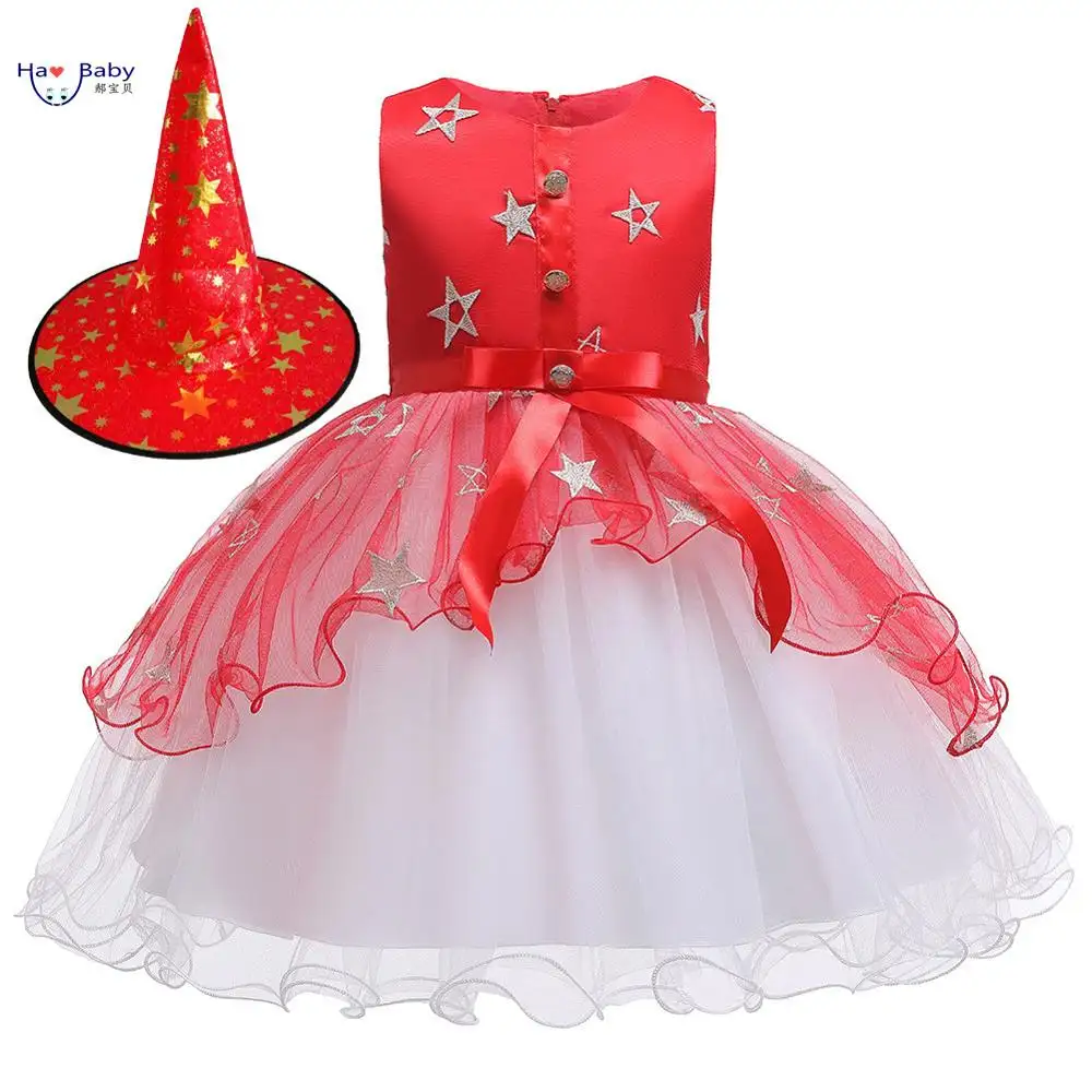 Hao nuevo bebé de Halloween-colorido-Flor de los niños vestido de la princesa del traje de Cosplay con sombrero de bruja