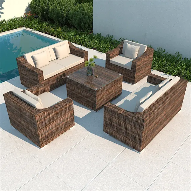 Set di mobili da esterno in vimini per il tempo libero da cortile impermeabile in rattan divano da giardino moderno di lusso con patio