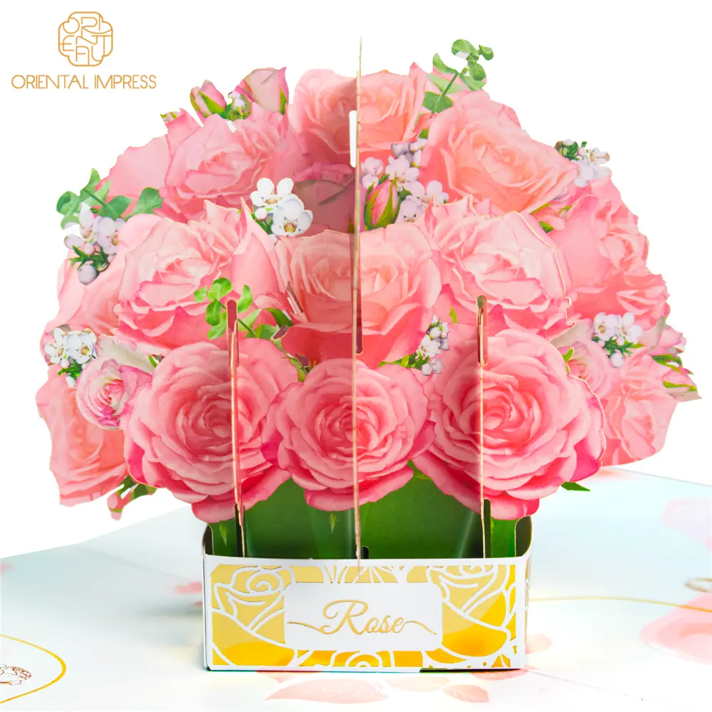 Carte de vœux pop-up romantique pour bouquet de roses roses 3D