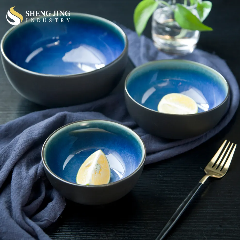 Shengjing Keramik Glasur schwarz und blau Esset Luxus Restaurant Geschirr Porzellanteller Schalen Kaffeetasse Sets