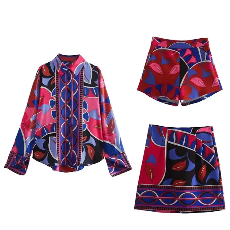 Roupas femininas de alta qualidade, blusa de manga longa estampada e mini saia, conjunto de 3 peças