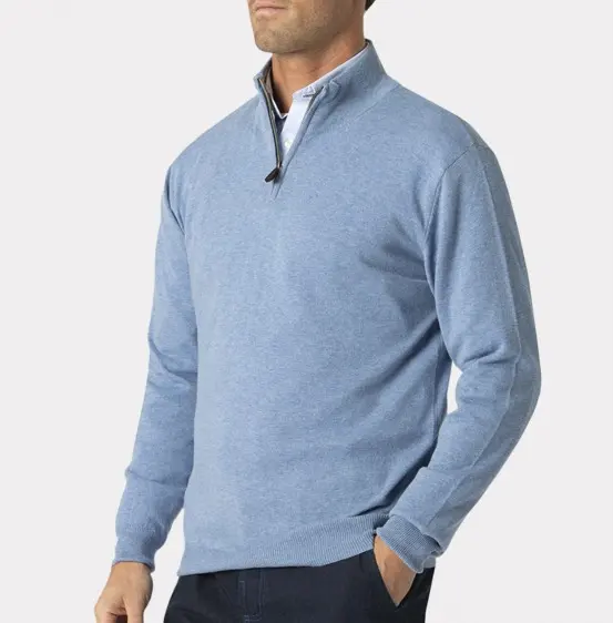Pull-over en laine de coton et cachemire 100% pour homme, pull-over personnalisé avec demi-col zippé