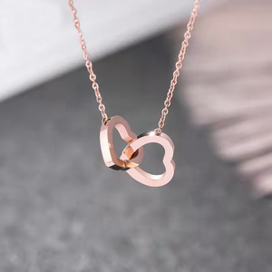Roestvrijstalen Dubbele In Elkaar Grijpende Ring Ketting Voor Vrouwen Met Hart Hanger Chique Sleutelbeenketting - Product Image 2