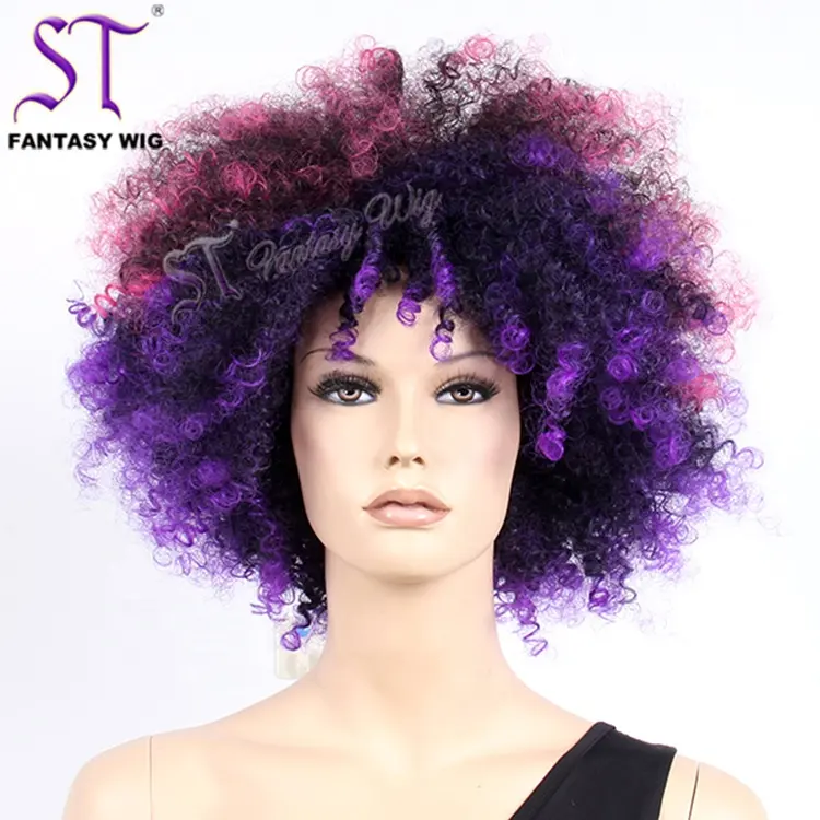 Perruque synthétique de 18 pouces, perruque Afro bouclée violette Ombre, pour Costume d'halloween, Pixie Clown, cheveux synthétiques amusants, vente en gros à prix bas