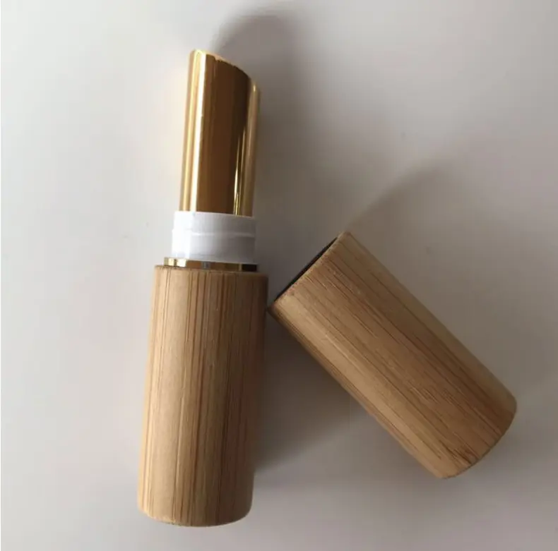 Lápiz labial de plástico de bambú vacío interior, dorado y plateado, 4g, tubo de brillo de labios, embalaje cosmético