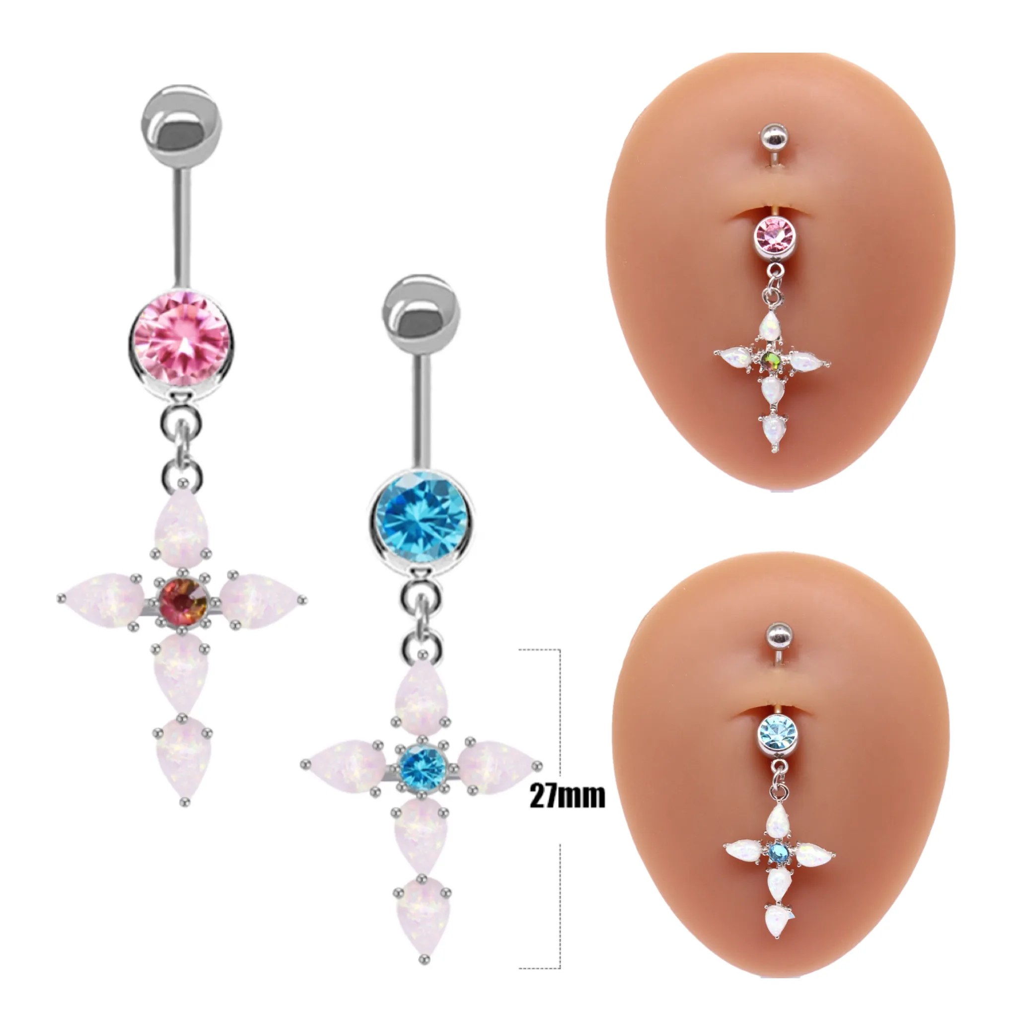 Gaby cute dangling belly button rings piercing all'ombelico opale cross ombligo gioielli in acciaio chirurgico all'ingrosso in acciaio inossidabile