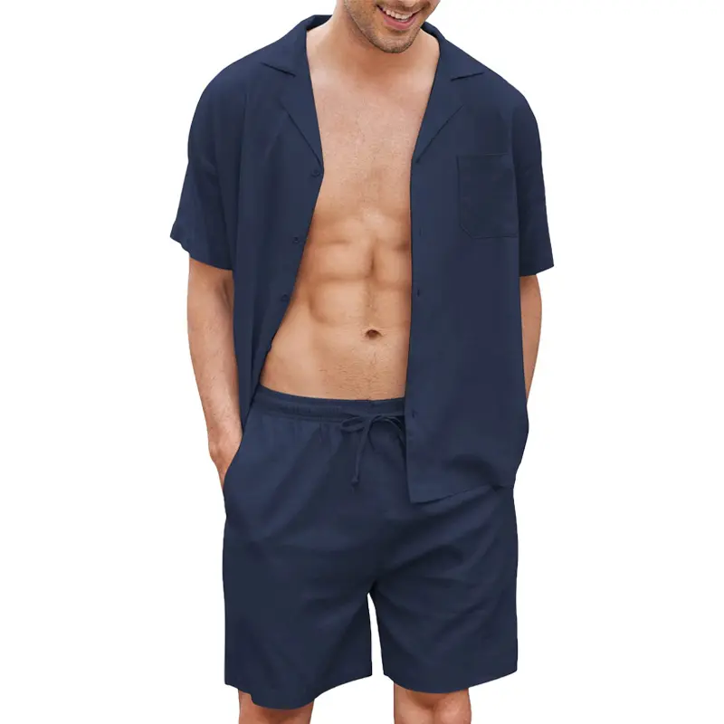 Camicie di lino da uomo di moda di alta qualità camicie abbottonate a maniche corte Set corto da 2 pezzi hawaiano da spiaggia