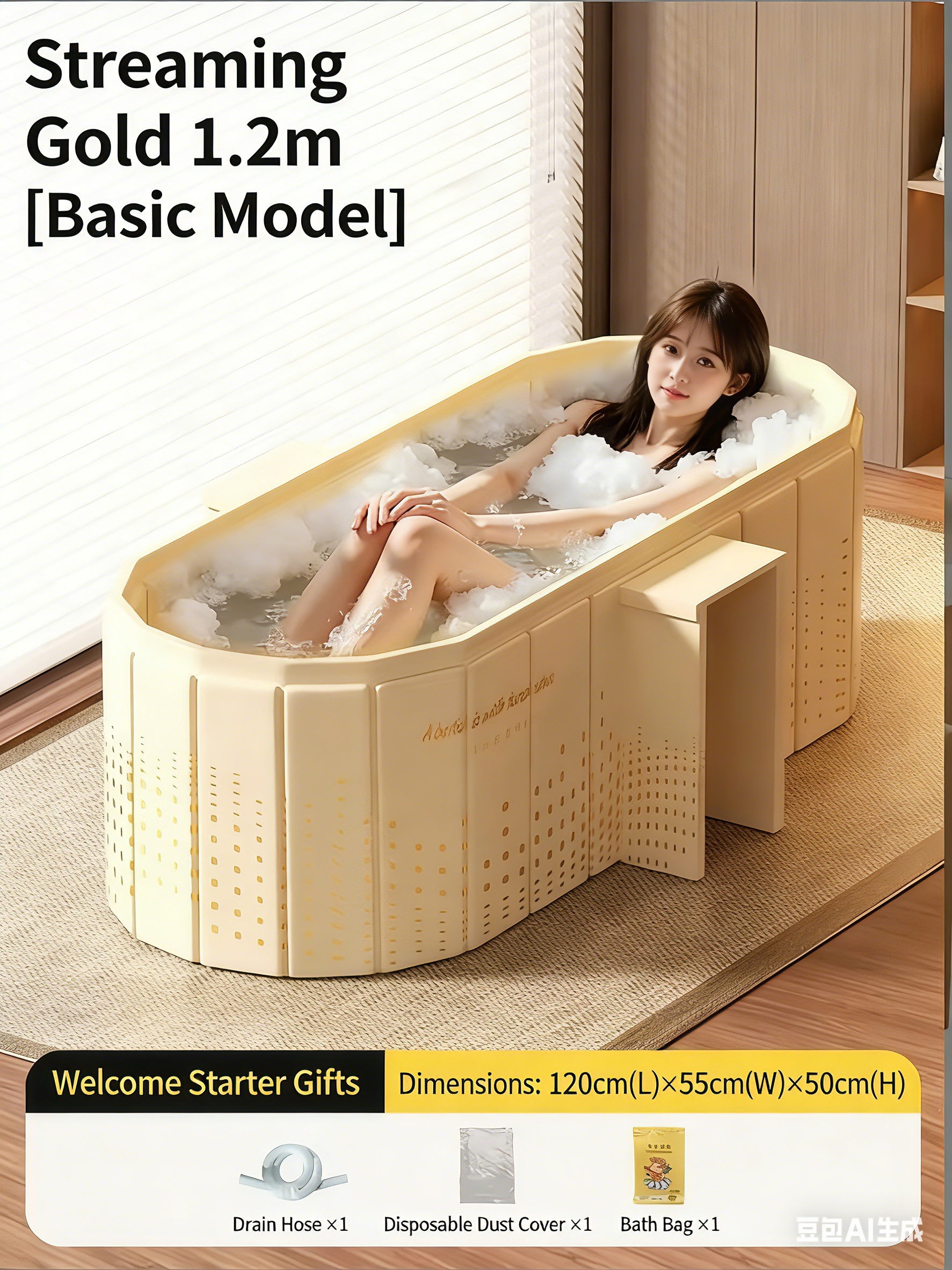 Baignoire pliante rythm gold de 1,2 m avec support de rangement intégré