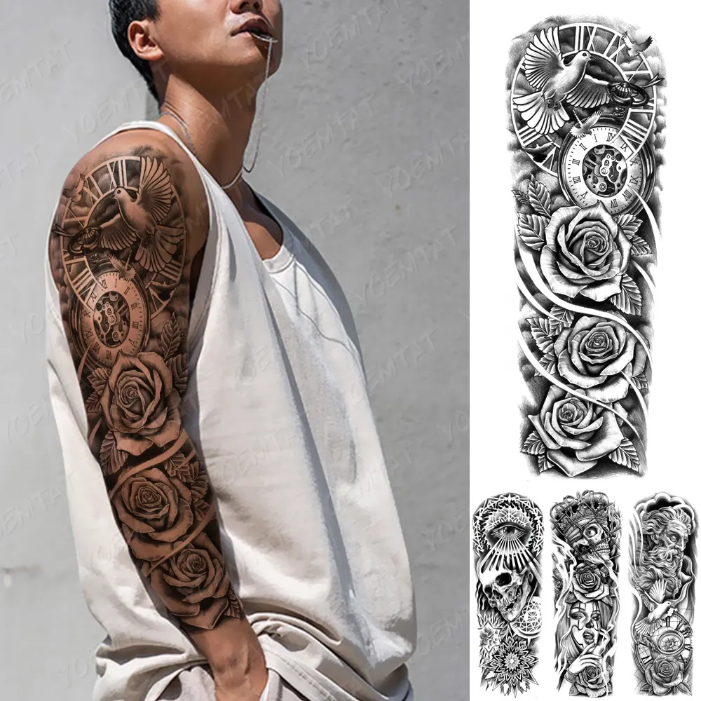 Pegatinas de tatuaje de brazo completo, tatuajes de animales negros impermeables, novedad de 2023