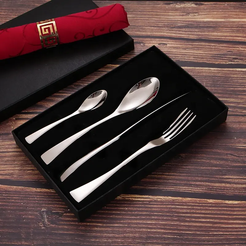 High quality modern restaurant luxury cutlery sliver stainless metal spoon fork silverware 4-piece gift box flatware set