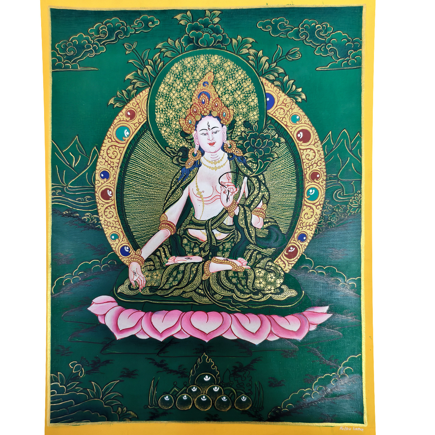 Thangka vert de Tara blanche - peinture en forme de cœur - 2316