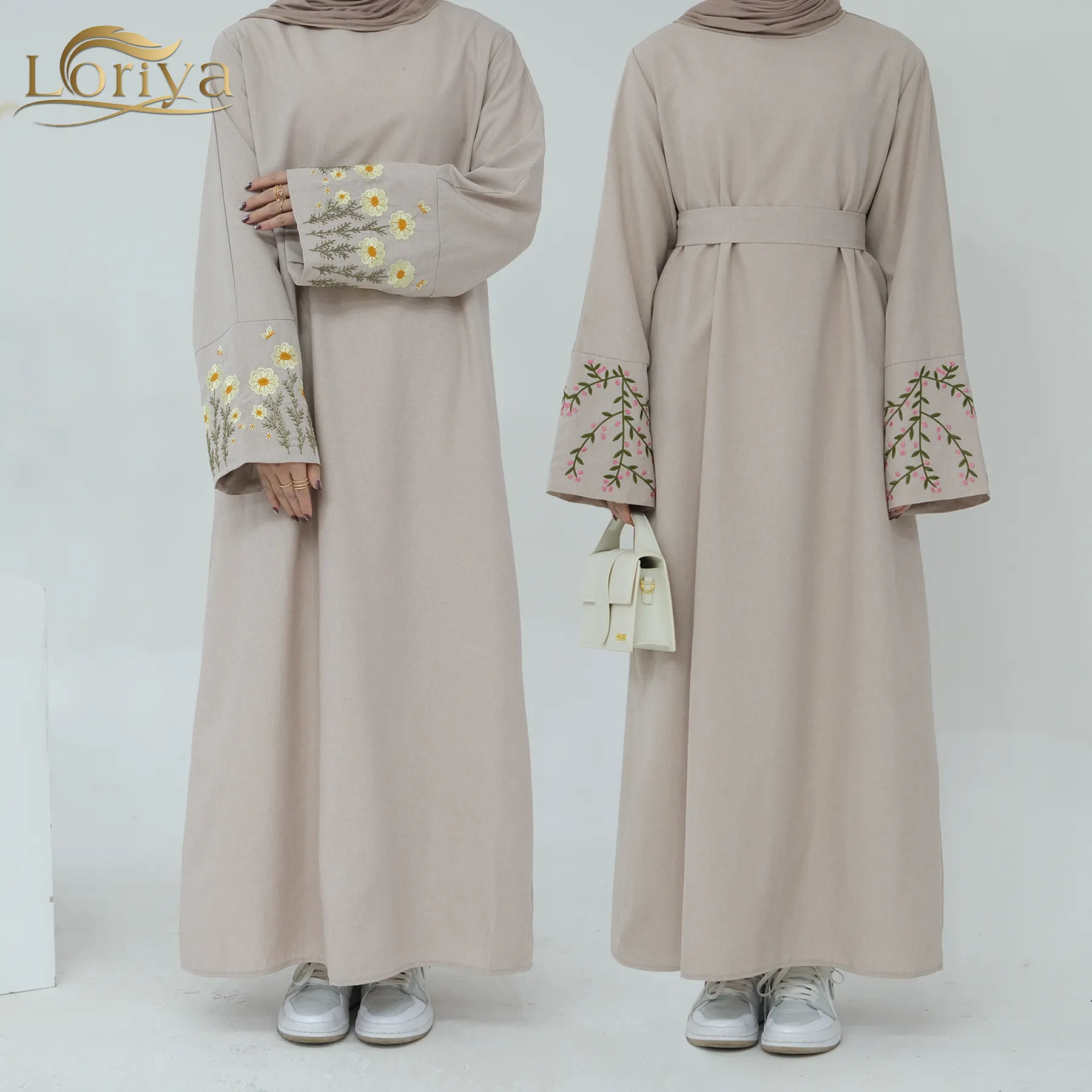 2024 रमज़ान ओम ओडीएम लोरिया अबाया इस्लामिक कपड़े लिनन फैब्रिक कढ़ाई वाले फूलों के साथ आरामदायक पोशाक अबाया महिला मुस्लिम पोशाक
