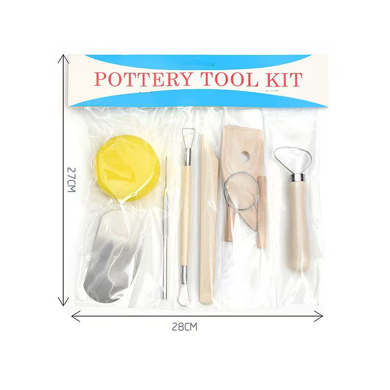 Ensemble d'outils en argile et bois de 8 pièces (sac en PVC) - Couleur bois naturel
