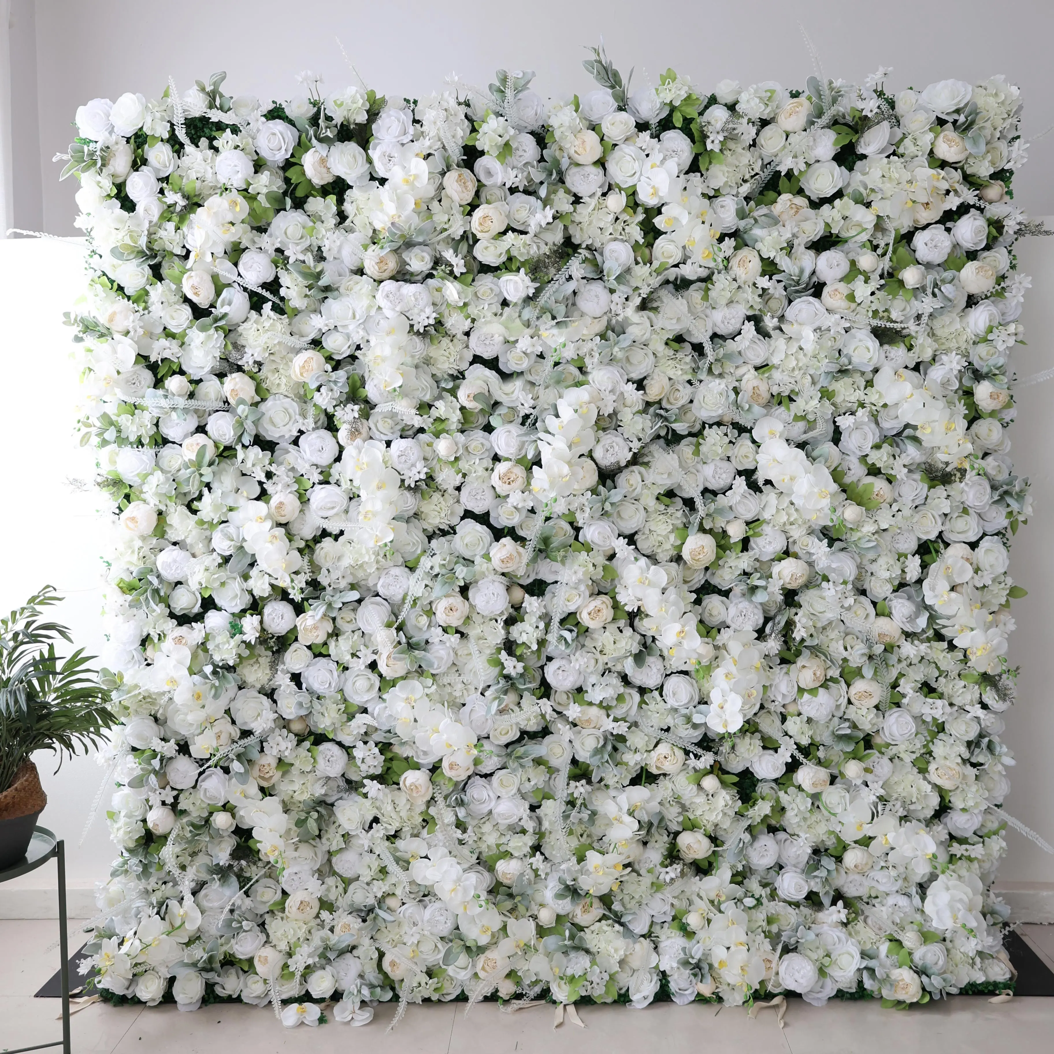 Panel de flores 3D, Hortensia blanca, rosa, flores artificiales de seda enrolladas, Fondo de pared para decoración de boda