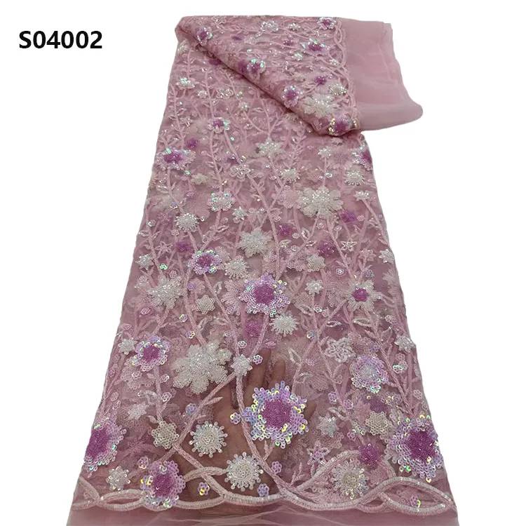 CHOCOO recién llegado rosa brillante flor diseño encaje tela brillo 3D lentejuelas bordado encaje telas para ropa