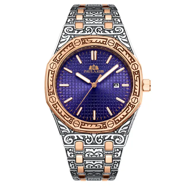 Paularais Homens Esculpidos Antique Vintage Luminous Rose Gold Amarelo Ouro Prata 2 Tons Moda Azul Classic Quartz relógio de luxo