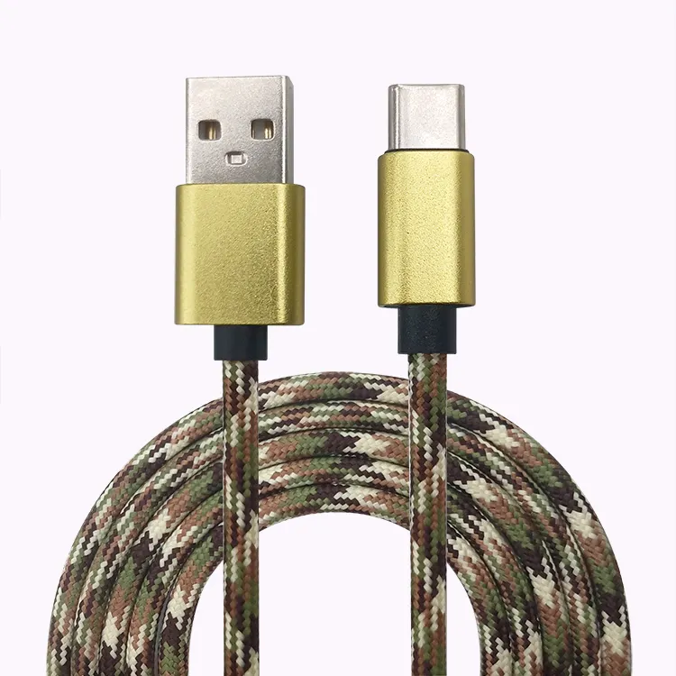 Kabel Pengisi Daya Cepat USB A 2.4A 3A Tipe C Kabel Data Anyaman Nilon Kamuflase Luar Ruangan