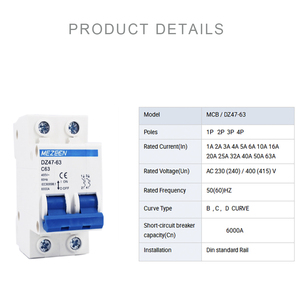 Disyuntores en miniatura MCB de doble fase, 2P, 1-63A, 50/60Hz, 400V, tipos de DZ47-63 - Product Image 2