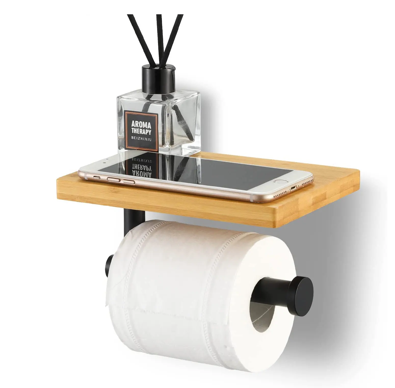 Suporte do papel higiénico com prateleira para o banheiro, suporte do rolo do toalete do aço inoxidável com bambu