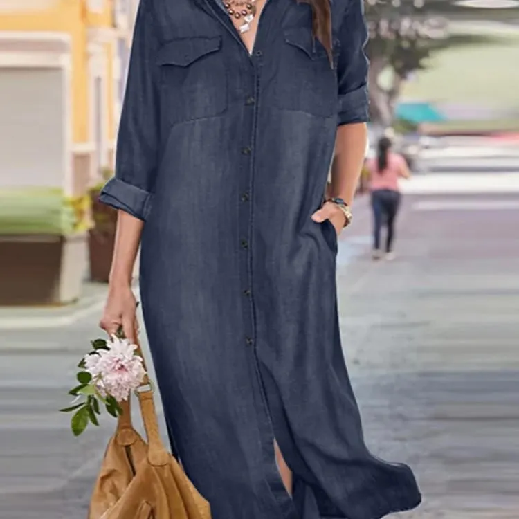 QY 2023 Женская Одежда популярная Джинсовая длинная Новая блузка с воротником повседневное джинсовое платье