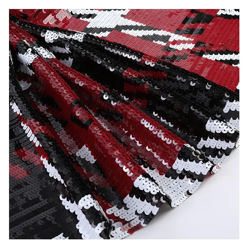 Haute Couture Rood Zwart En Wit Plaid Pailletten Textiel Pak Vis Schaal Pailletten Stof