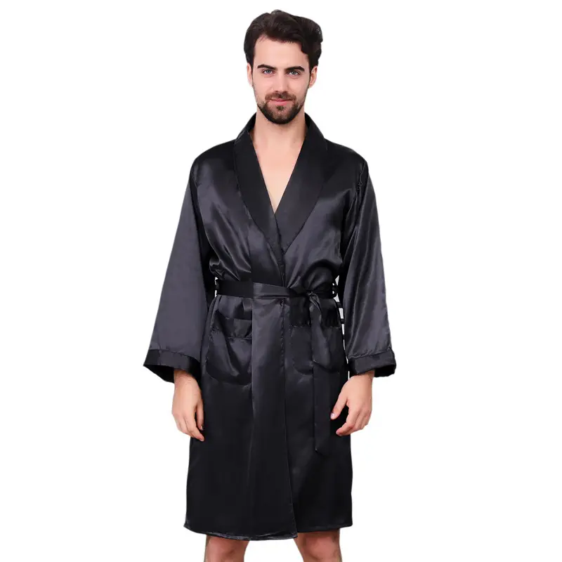 Roupão de banho masculino, fábrica preta, pronto para enviar luxo, adulto, cetim, decote em v, kimono, sleepwear, seda, roupão de banho para homens