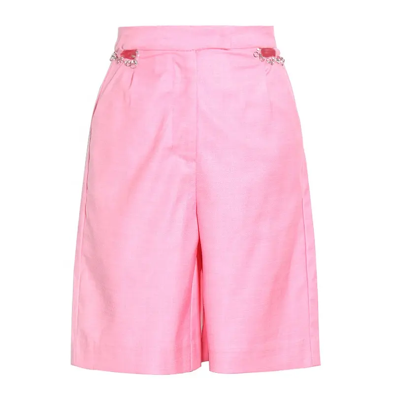 Bettergirl celana pendek wanita, pakaian desain baru fesyen merah muda sederhana kasual pinggang berongga