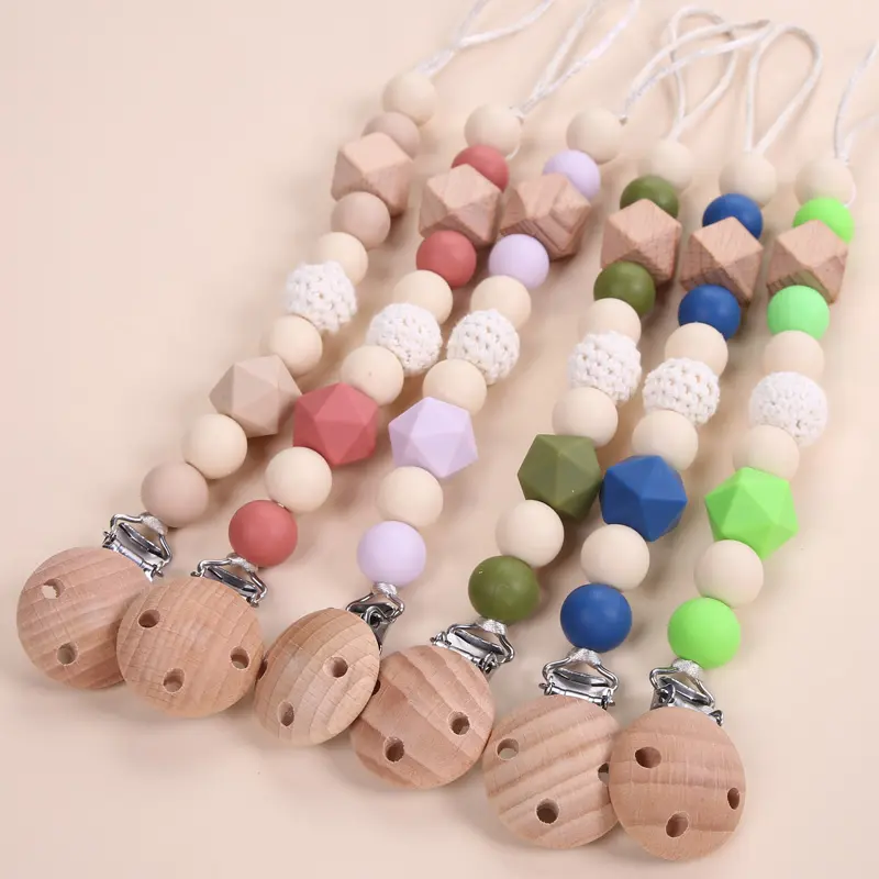 Chewable Silicone Round Heart Beads Dummy Soother Holder Baby Pacifier Chain Toy 