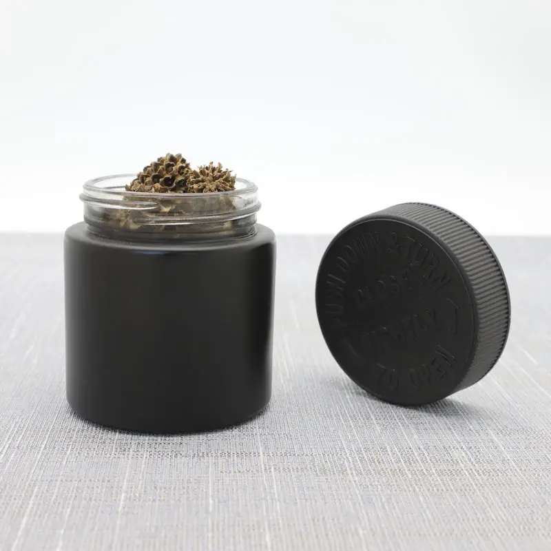 5ml 10ml 15ml 120ml glass jar matte black round glass container Child resistant plastic lid smell proof herb packaging bottle