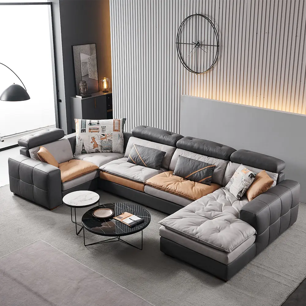 Mobiliário de sofá de couro moderno personalizado, decoração moderna para sala de estar em formato de u, sofá modular com estofado