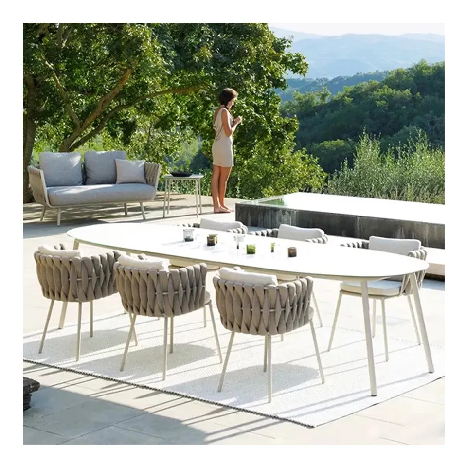 أثاث عصري حديقة في الهواء الطلق الطعام الجدول و 6 كرسي فاخر معدن الفولاذ المقاوم للصدأ الرخام مقاعد لغرفة الطعام الطعام الجداول