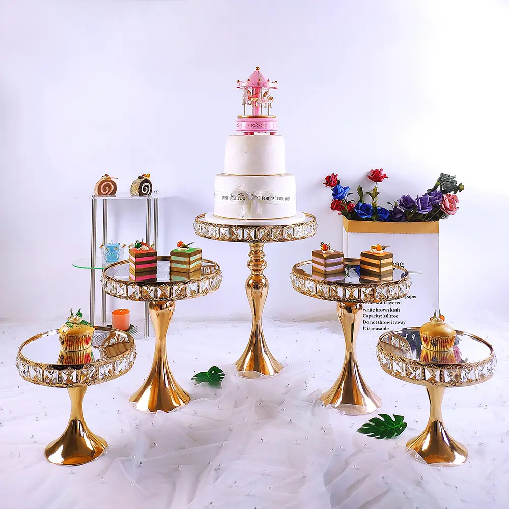 Moule à gâteau rond avec cristal carré 3 pièces, supports à gâteau en or pour gâteau de mariage, fourniture de fête, présentoir à dessert gateau