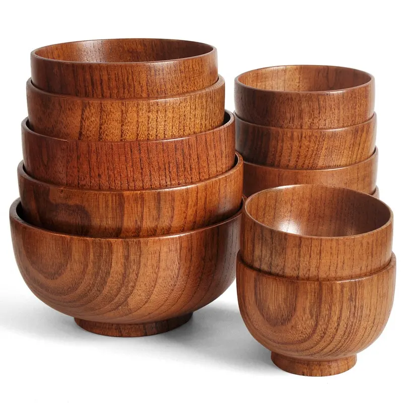 Ciotola di legno a forma rotonda solida ecologica multiuso per utensili da cucina in legno di Acacia burly di riso con zuppa di frutta e insalata