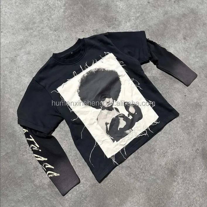 Ropa de calle, camiseta personalizada, bordado y parches, camisetas gráficas negras gráficas, camiseta de manga larga de doble capa para hombre