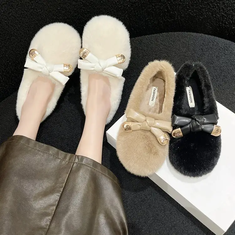 Sapatos de pele branca para o desgaste exterior das mulheres no outono e inverno novo estilo arco mais veludo confortável plush beanie algodão sapatos