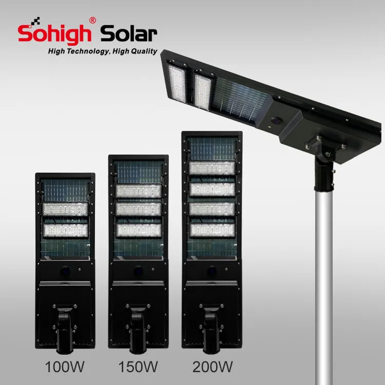 Farola solar al aire libre, lámpara de energía todo en uno con sensor led, panel transparente integrado, resistente al agua, 50, 100 vatios, 150, 200 w