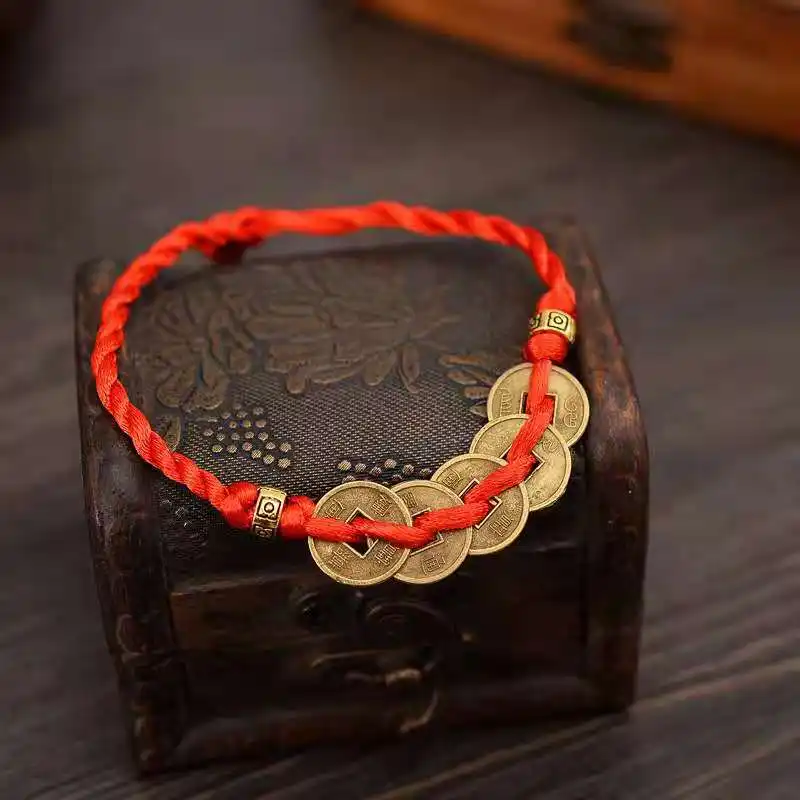 Pulsera de cuerda roja trenzada a mano para hombre y mujer, brazalete tejido Retro con hilo de moneda, joyería de la suerte, Kabbalah