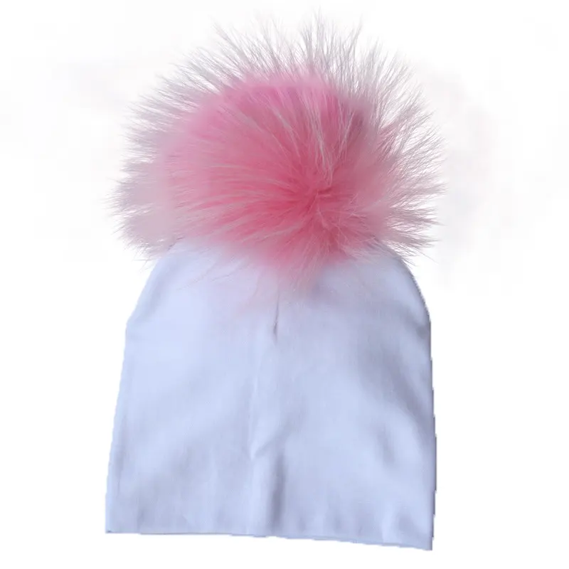 Wholesale fashion style baby kids cotton beanies with large fur pompom new born Spring Autumn fur ball hats