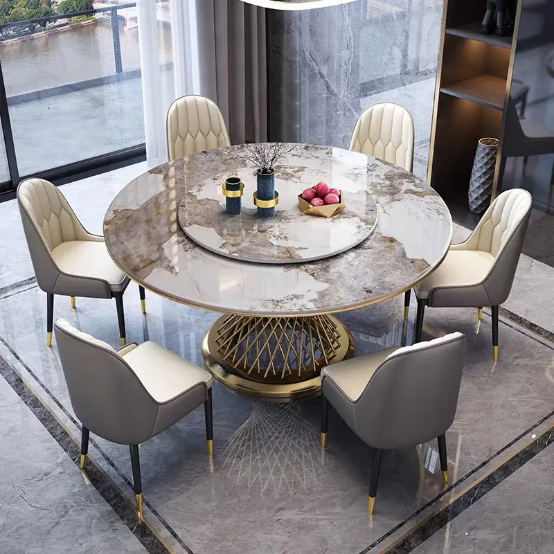 Moderno lusso 6 posti piano in marmo in acciaio inox Base tavolo da pranzo Set di mobili ristorante tavolo rotondo 4 sedie