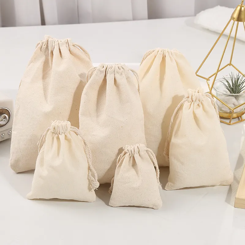Bolsas de algodão ecológicas, sacos com cordão em algodão, sacos redondos de forma com cordão para empacotamento de alimentos