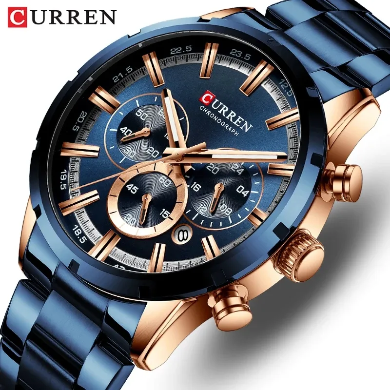 CURREN 8355 jam tangan pria, arloji Quartz olahraga baja tahan air konograf