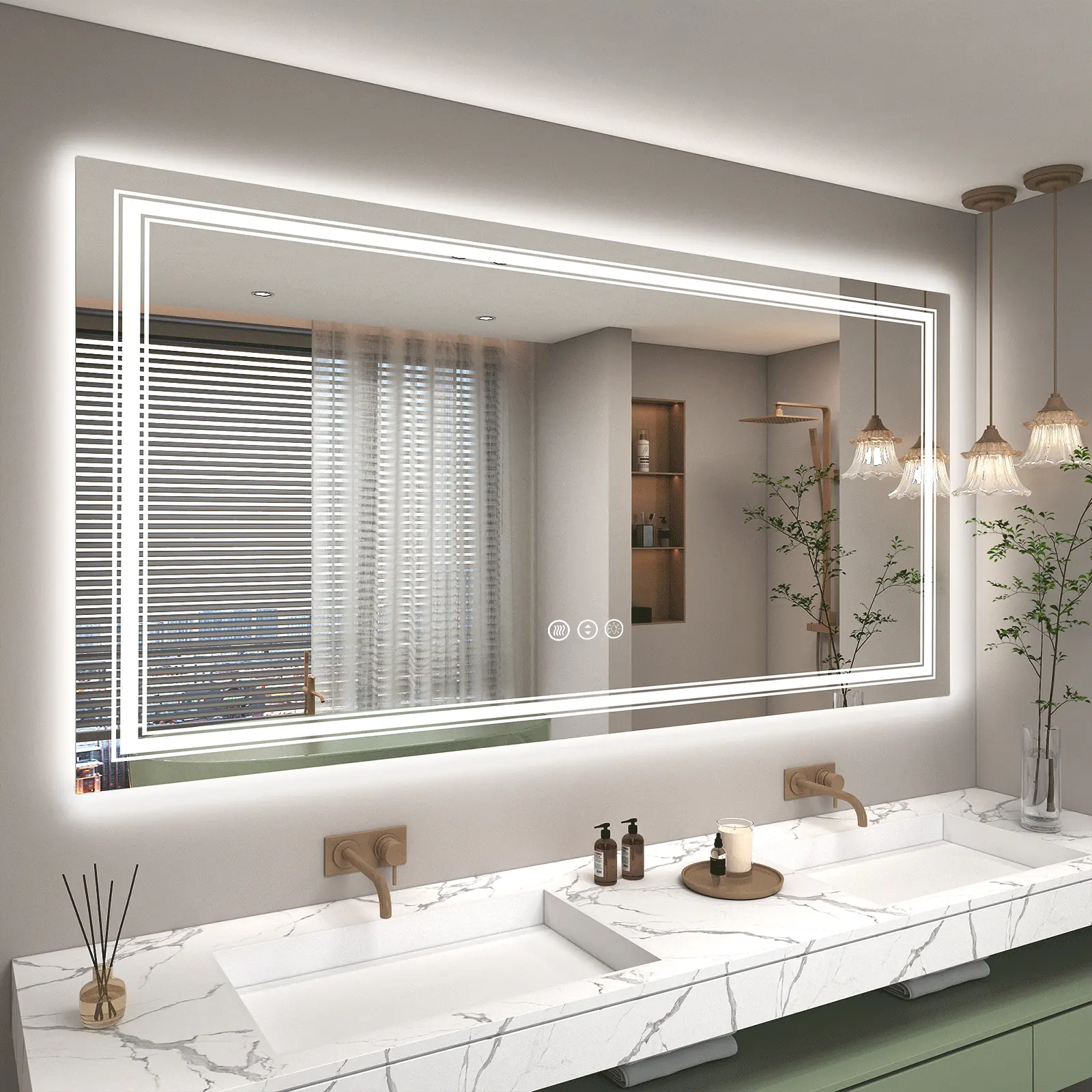 Nuevo diseño Smart Led Mirror Bathroom Vanity Led Light Espejo de baño templado