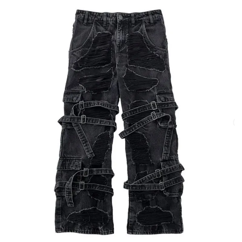 DiZNEW fashion elegante trendy designer light black Strap decoration jeans allover distressed jeans personalizzati per uomo