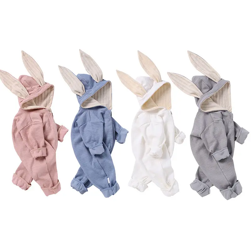 Pelele de algodón suave para bebé, ropa de alta calidad para recién nacido, con capucha de conejo a la moda, color sólido, primavera y otoño