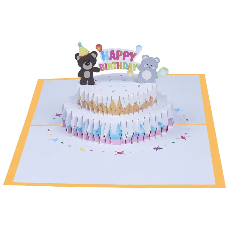 Carta creativa personalizzata 3D Pop-Up Cartoon bambini Little Bear Cake biglietti di auguri di compleanno con buste